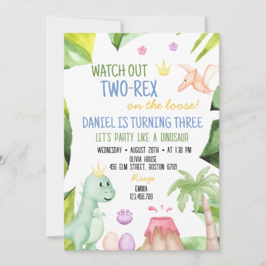 Twee Rex Boy dinosaurus 2e verjaardag uitnodiging (Voorkant)