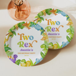 Twee Rex Dinosaur 2e Tweede Verjaardagsfeestje Papieren Bordje