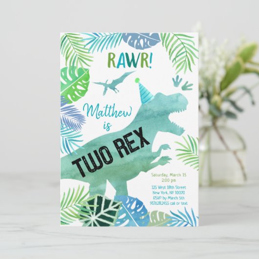 Twee Rex Dinosaur Greenery Birthday Kaart (Staand voorkant)