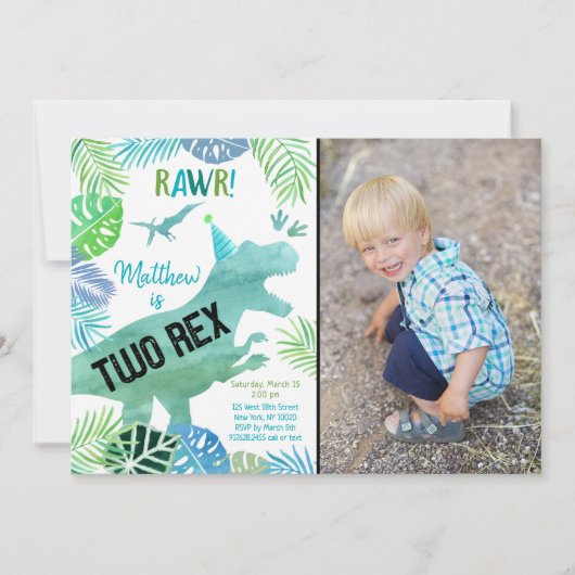 Twee Rex Dinosaur Greenery Birthday Kaart (Voorkant)