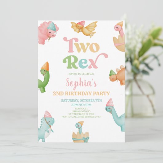 Twee Rex Dinosaurus 2e Tweede Verjaardagsfeest Kaart (Staand voorkant)