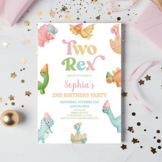 Twee Rex Dinosaurus 2e Tweede Verjaardagsfeest Kaart