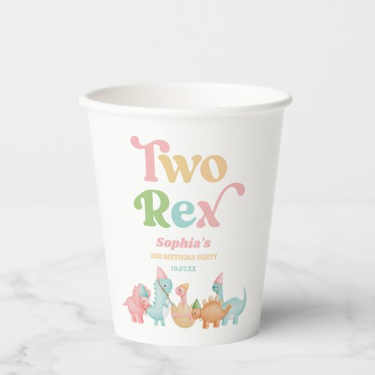 Twee Rex Dinosaurus 2e Tweede Verjaardagsfeest Papieren Bekers (Voorkant)