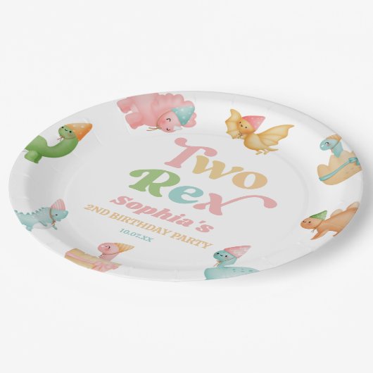 Twee Rex Dinosaurus 2e Tweede Verjaardagsfeest Papieren Bordje (Gekanteld)