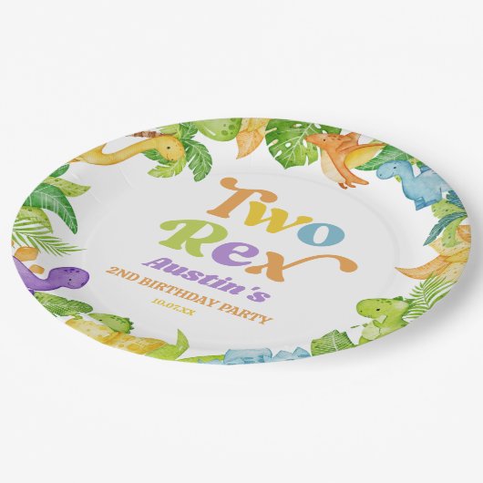 Twee Rex Dinosaurus 2e Tweede Verjaardagsfeest Papieren Bordje (Gekanteld)