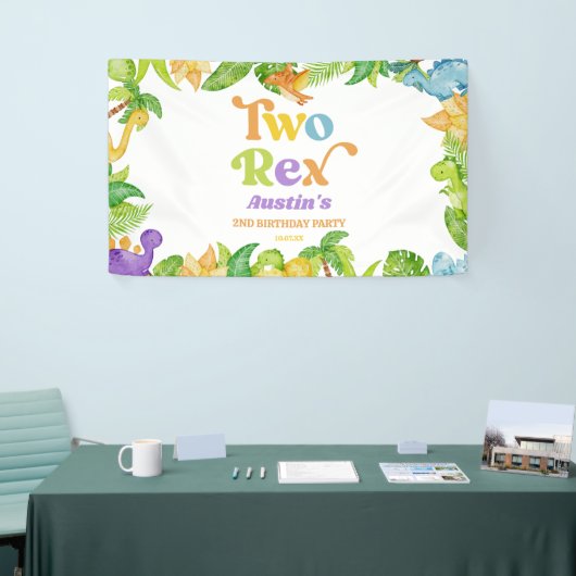 Twee Rex Dinosaurus 2e Tweede Verjaardagsfeest Spandoek (Beurs)