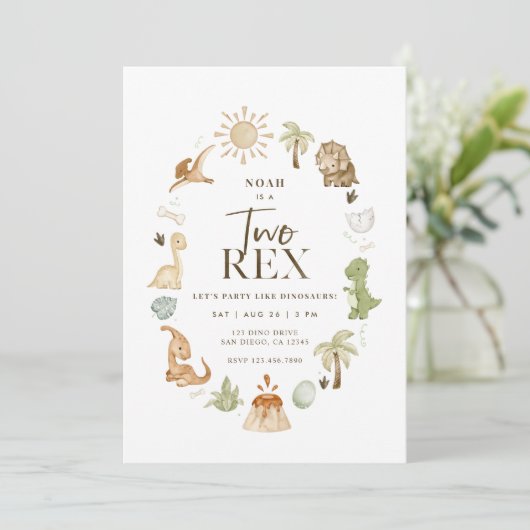 Twee Rex Dinosaurus 2e Verjaardag uitnodiging (Staand voorkant)