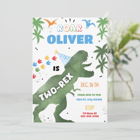 Twee-Rex Dinosaurus Verjaardag Uitnodiging (Staand voorkant)