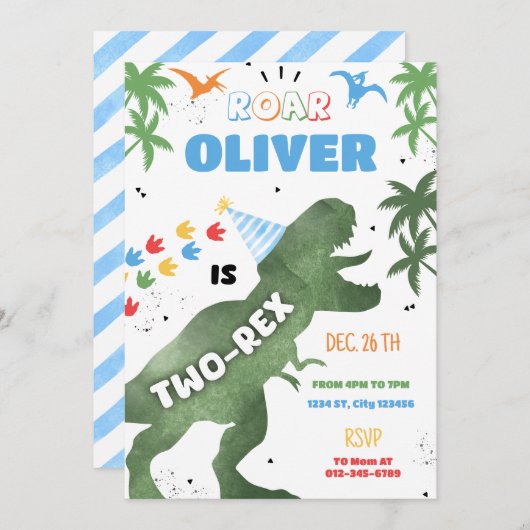 Twee-Rex Dinosaurus Verjaardag Uitnodiging (Voorkant / Achterkant)
