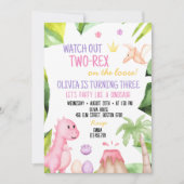 Twee Rex Meisje dinosaurus 2e verjaardag uitnodigi Kaart (Voorkant)