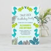 Twee rex party boy 2e dinosaurus verjaardag kaart (Staand voorkant)