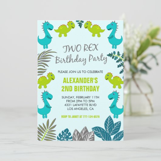Twee rex party boy 2e dinosaurus verjaardag kaart (Staand voorkant)