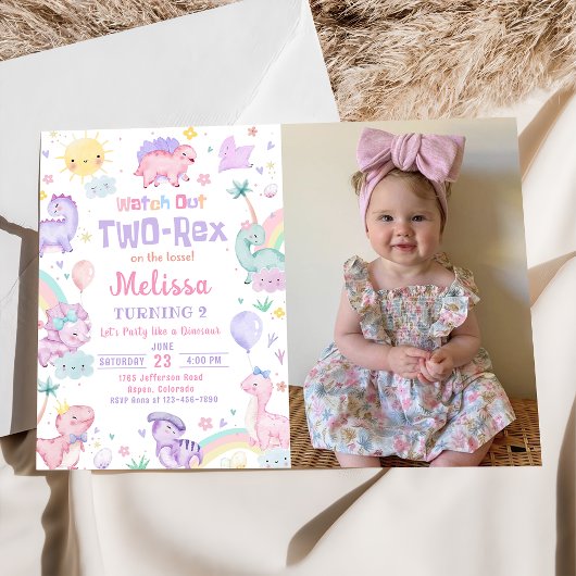 Twee Rex Roze Dinosaurus 2e Verjaardagsfeestfoto Kaart