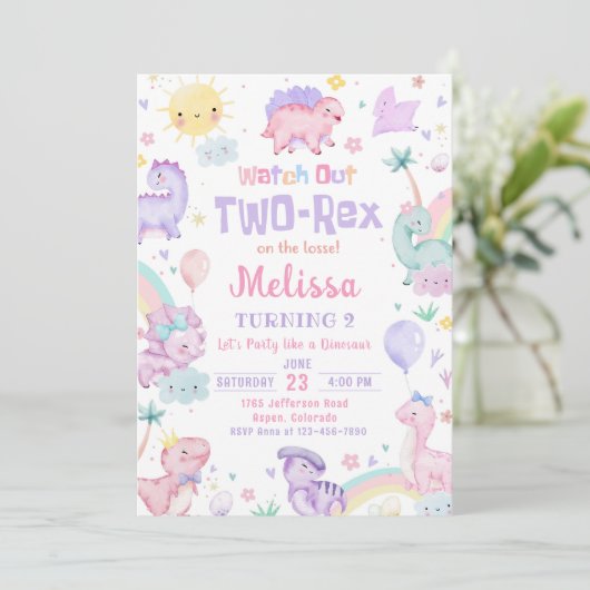 Twee Rex Roze Dinosaurus 2e Verjaardagsfeestje Kaart (Staand voorkant)