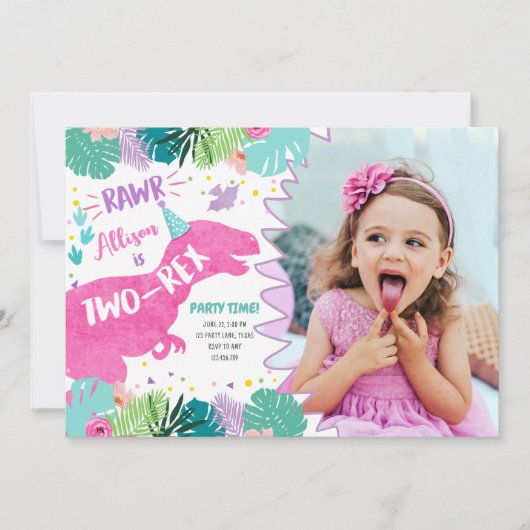 Twee-Rex Roze Dinosaurus Meisje 2e Tweede Verjaard Kaart (Voorkant)