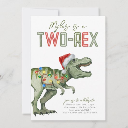 Twee-Rex Santa Dinosaur Verjaardag Uitnodiging (Voorkant)