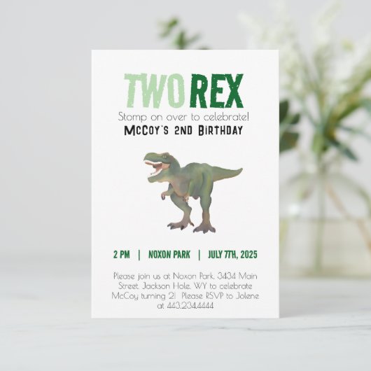 Twee Rex Trex Dinosaurus Verjaardag Uitnodiging 2  (Staand voorkant)