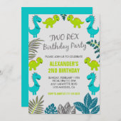 Twee rex verjaardagsuitnodigingen boy blauw oerwou kaart (Voorkant / Achterkant)