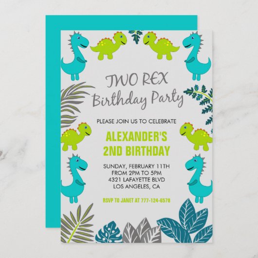 Twee rex verjaardagsuitnodigingen boy blauw oerwou kaart (Voorkant / Achterkant)