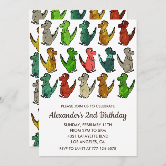 Twee rex verjaardagsuitnodigingen dinomite party k kaart (Voorkant / Achterkant)