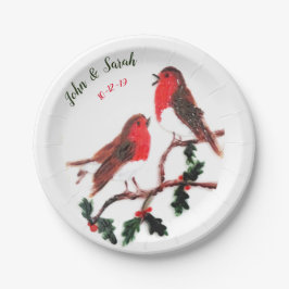 Twee Robin Birds Winter Holly Wedding Papieren Bordje