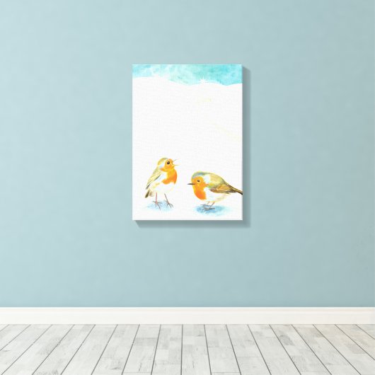 Twee Robins in Wintertime Canvas Afdruk (Insitu (Houten vloer))