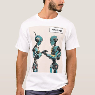 Twee robots staan tegenover elkaar, een schrijft e t-shirt