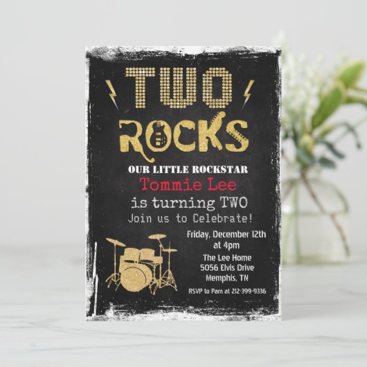 Twee Rocks Rockstar Drumset 2e verjaardag Uitnodig Kaart (Staand voorkant)