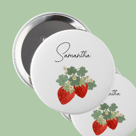 Twee rode aardbeien met bladeren en bloemen | Frui Ronde Button 4,0 Cm