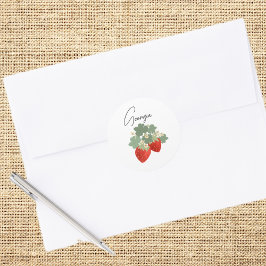 Twee rode aardbeien met bladeren en bloemen | Frui Ronde Sticker