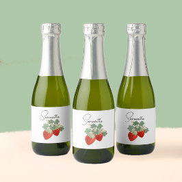 Twee rode aardbeien met bladeren en bloemen | Frui Sparkling Wijnetiket