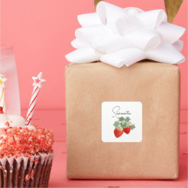 Twee rode aardbeien met bladeren en bloemen | Frui Vierkante Sticker