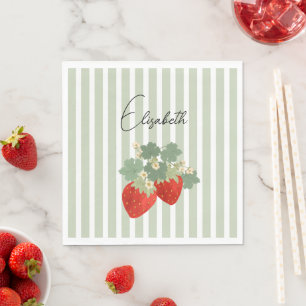 Twee rode aardbeien strepen & bloemen Fruit Servet