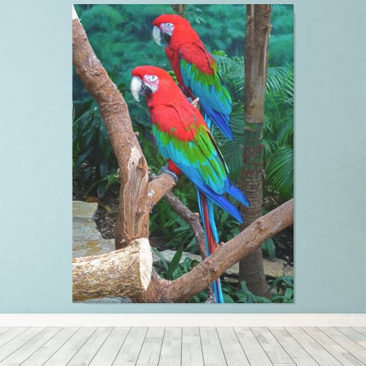 Twee rode en groene rode Macaws Ara chloropterus Canvas Afdruk (Insitu (Houten vloer))