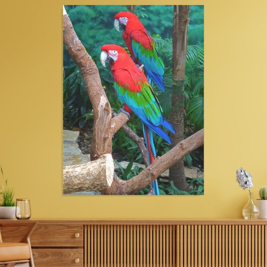 Twee rode en groene rode Macaws Ara chloropterus Canvas Afdruk (Insitu (Woonkamer))