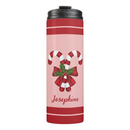 Twee rode en witte snoepjes en naam thermosbeker (Voorkant)