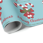 Twee rode en witte snoepjes op blauw met tekst cadeaupapier (Rol Hoek)