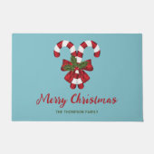 Twee rode en witte snoepjes op blauw met tekst deurmat (Voorkant)