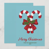 Twee rode en witte snoepjes op blauw met tekst feestdagenkaart (Voorkant / Achterkant)