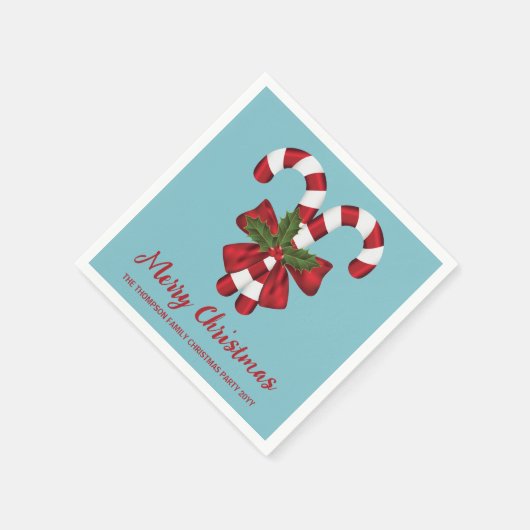 Twee rode en witte snoepjes op blauw met tekst servet (Hoek)