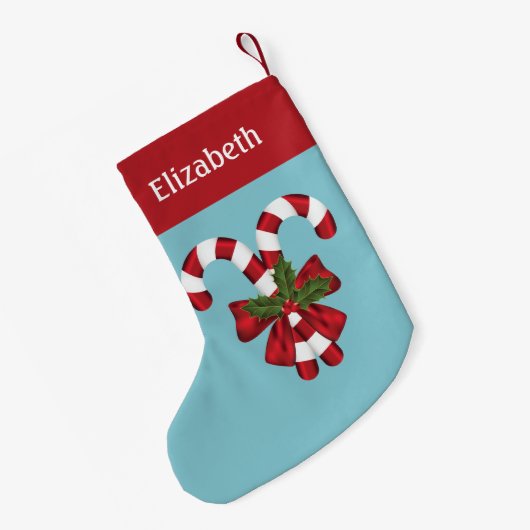 Twee rode en witte snoeprietjes op blauw met naam kleine kerstsok (Achterkant (Hangend))