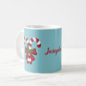 Twee rode en witte snoeprietjes op blauw met naam koffiemok (Voorkant links)