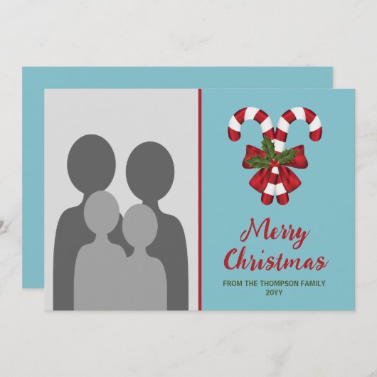 Twee rode en witte snoepstokken met aangepaste fot feestdagenkaart (Voorkant / Achterkant)