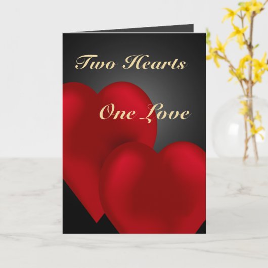 Twee Rode Fluwelen Harten Eén Liefde Wenskaart Kaart (Gele Bloem)