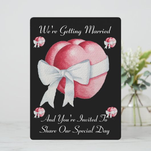 Twee rode harten met witte boog romantische bruilo kaart (Staand voorkant)