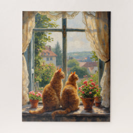 Twee rode katten die uit een raam staren legpuzzel
