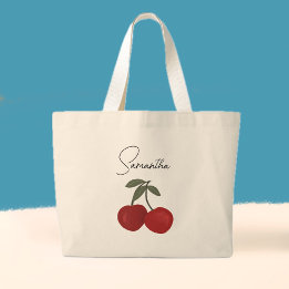 Twee rode kersen Illustratie | Mooie Fruit Kunst Grote Tote Bag