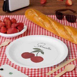 Twee rode kersen Illustratie | Mooie Fruit Kunst Papieren Bordje