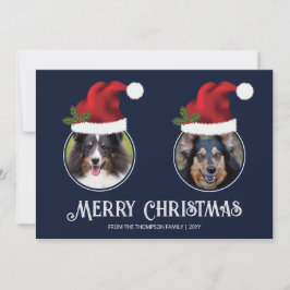Twee Rode Kerstmannenmutsen Aangepaste Foto Sjablo Feestdagenkaart