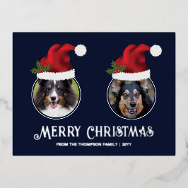 Twee Rode Kerstmannenmutsen Aangepaste Foto Sjablo Folie Feestdagen Briefkaart